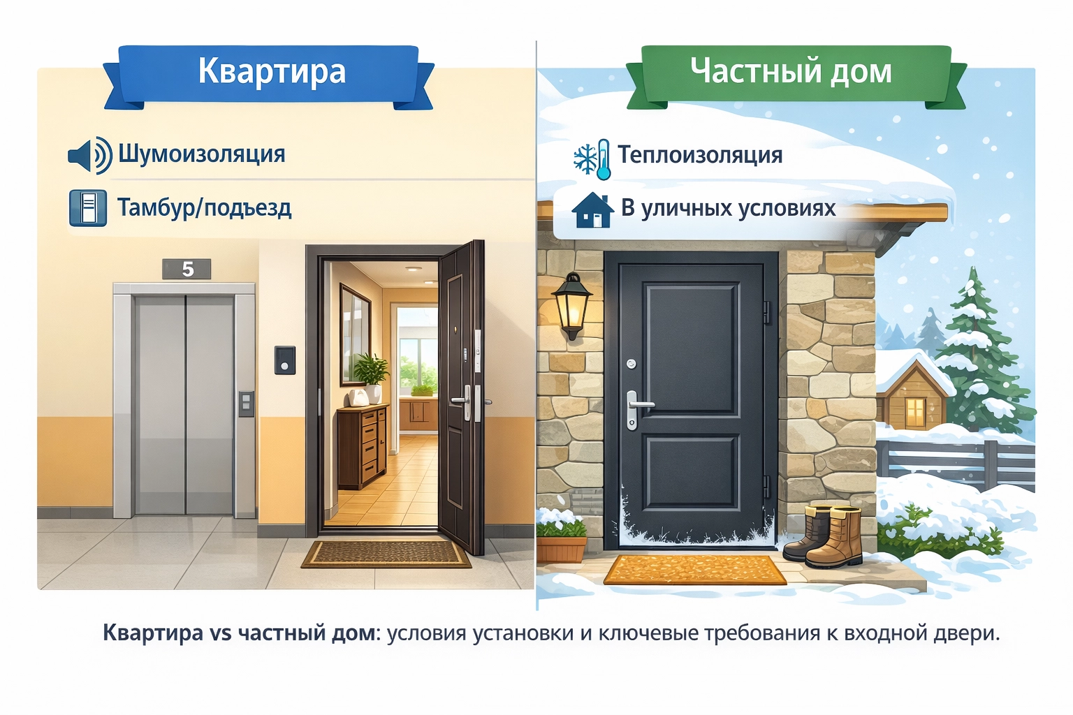 Сравнение входных дверей для квартиры и частного дома: квартира — шумоизоляция и подъезд, частный дом — теплоизоляция и уличные условия
