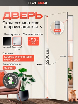 Скрытая дверь Dverra Invisible-59 под покраску 2200 мм, кромка матовый хром, на себя (комплект)