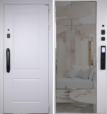 Входная дверь АСД "Алтай" с зеркалом (биометрический замок Smart lock DZ 888) Муар белый/Белый матовый