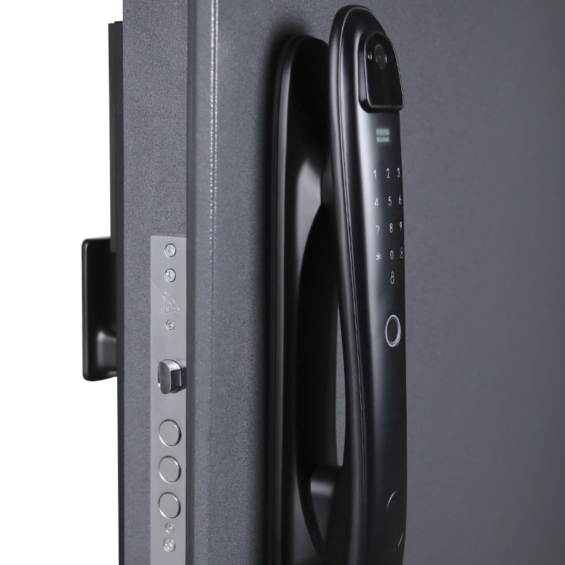 Входная дверь АСД "Беркут" с зеркалом (биометрический замок Smart lock DZ 888) Букле графит/Бетон светлый