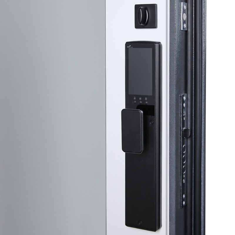 Входная дверь АСД "Беркут" с зеркалом (биометрический замок Smart lock Y12) Букле графит/Бетон светлый