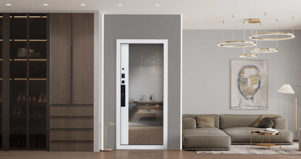 Входная дверь АСД "Беркут" с зеркалом (биометрический замок Smart lock Y12) Букле графит/Бетон светлый