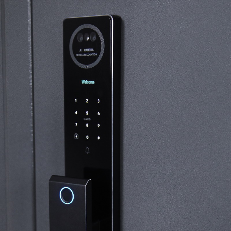 Входная дверь АСД "Беркут" с зеркалом (биометрический замок Smart lock Y12) Букле графит/Бетон светлый