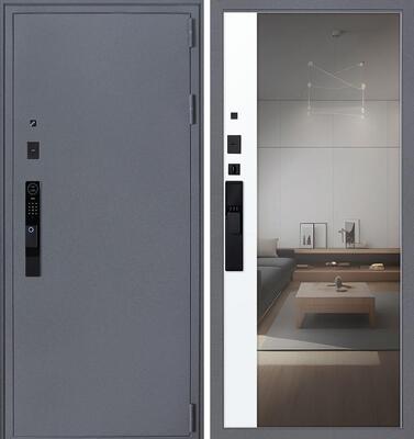 Входная дверь АСД "Беркут" с зеркалом (биометрический замок Smart lock Y12) Букле графит/Бетон светлый