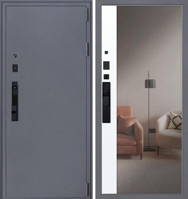 Входная дверь АСД "Беркут" с зеркалом (биометрический замок Smart lock Y23) Букле графит/Бетон светлый