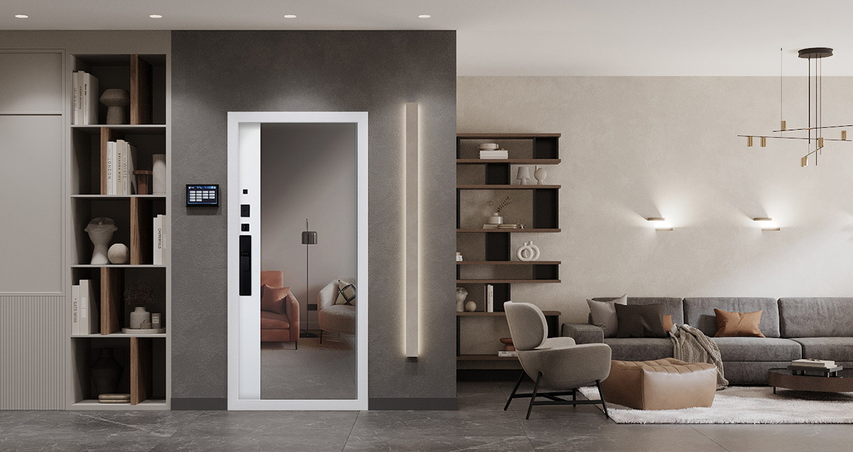 Входная дверь АСД "Беркут" с зеркалом (биометрический замок Smart lock Y23) Букле графит/Матовый белый