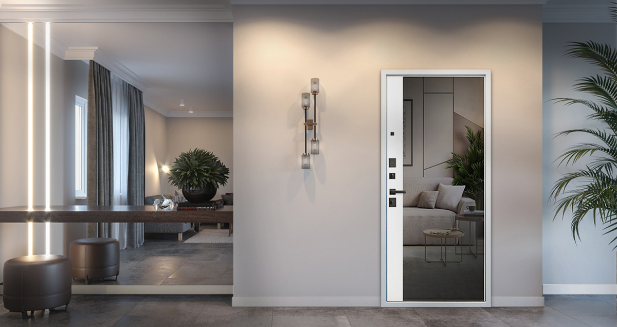 Входная дверь АСД "Бриг с зеркалом" (биометрический замок Smart lock R06) Муар черный/Белый матовый