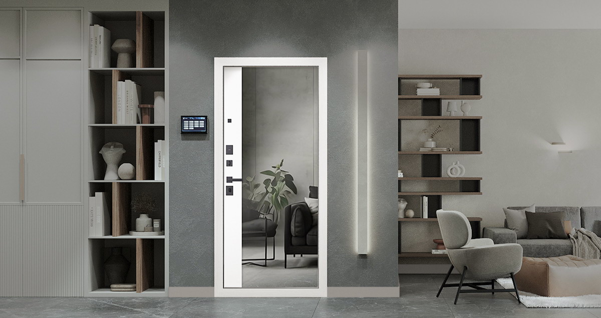 Входная дверь АСД "Forest" с зеркалом (биометрический замок Smart lock Y23) Муар чёрный/Белый матовый