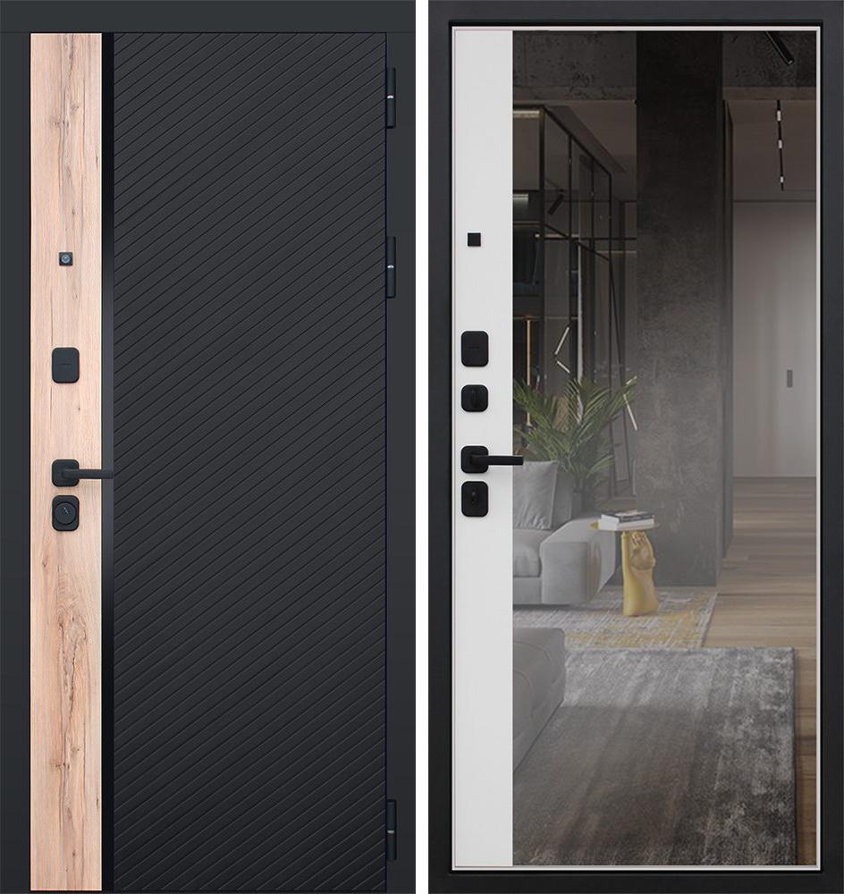 Входная дверь АСД "Фрегат" с зеркалом (биометрический замок Smart lock R06) Муар черный/Белый матовый