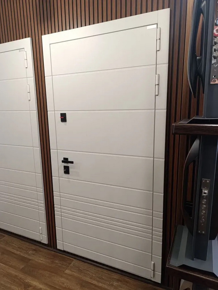 Входная дверь АСД "Горизонт" с зеркалом (биометрический замок Smart lock DZ 888) Муар белый/Белый матовый