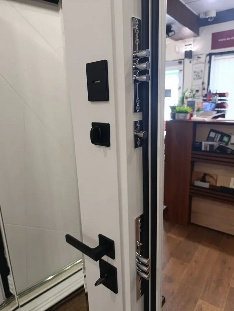 Входная дверь АСД "Горизонт" с зеркалом (биометрический замок Smart lock К06) Муар белый/Белый матовый