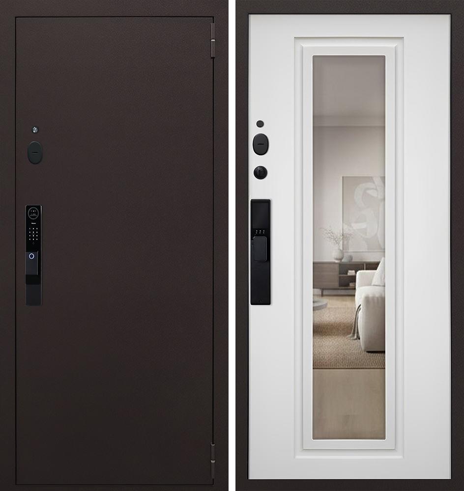 Входная дверь АСД "Комфорт" с зеркалом (биометрический замок Smart lock Y12) Медный антик/Ясень белый снег