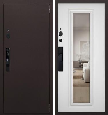 Входная дверь АСД "Комфорт" с зеркалом (биометрический замок Smart lock Y12) Медный антик/Ясень белый снег