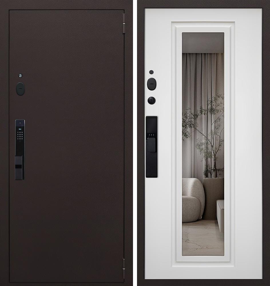 Входная дверь АСД "Комфорт" с зеркалом (биометрический замок Smart lock Y23) Медный антик/Ясень белый снег
