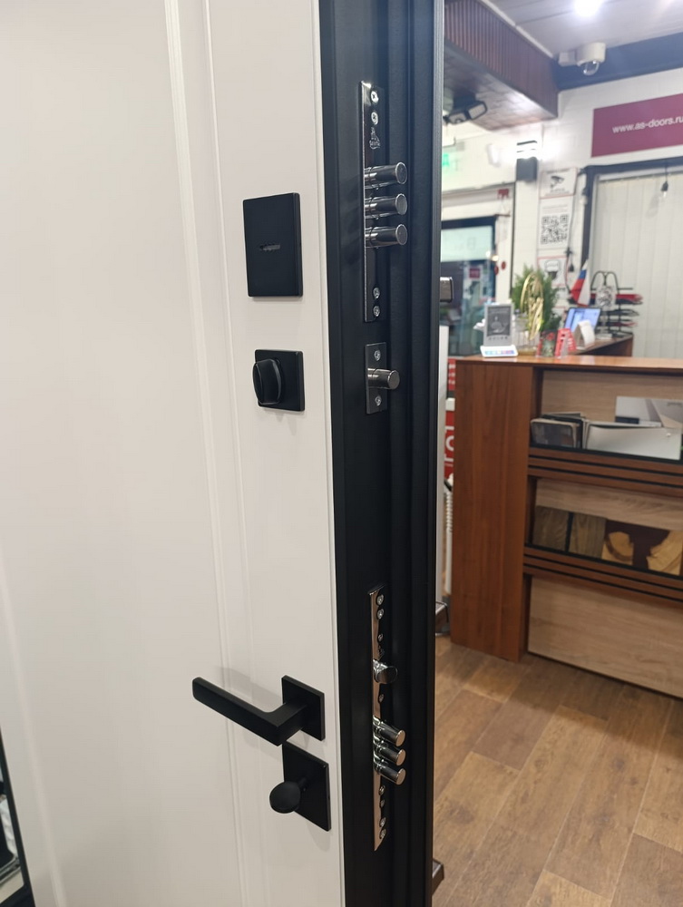 Входная дверь АСД "Комфорт" с зеркалом (биометрический замок Smart lock Y23) Медный антик/Ясень белый снег