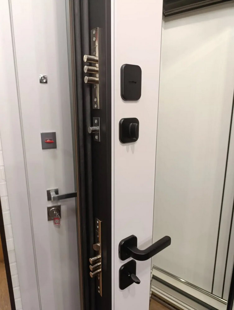 Входная дверь АСД "Life" с зеркалом (биометрический замок Smart lock К06) Муар черный/Белый матовый
