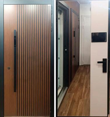 Входная дверь АСД "Матрикс" с зеркалом (биометрический замок Smart Lock H-11) Муар черный/Капучино