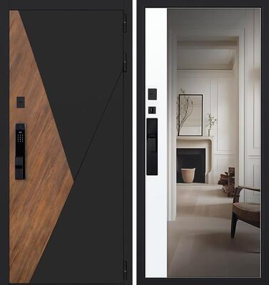 Входная дверь АСД "Plata" с зеркалом (биометрический замок Smart lock Y23) Муар черный/Белый матовый