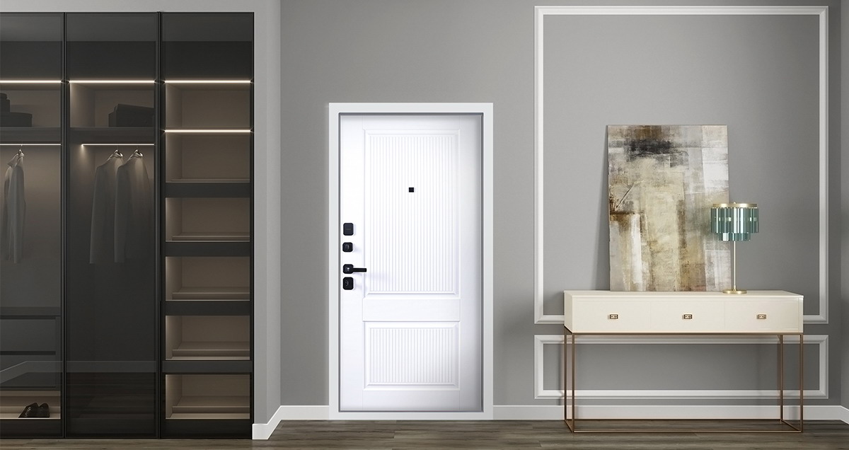 Входная дверь АСД "Scandi" (биометрический замок Smart lock Y12) Муар черный/Белый матовый