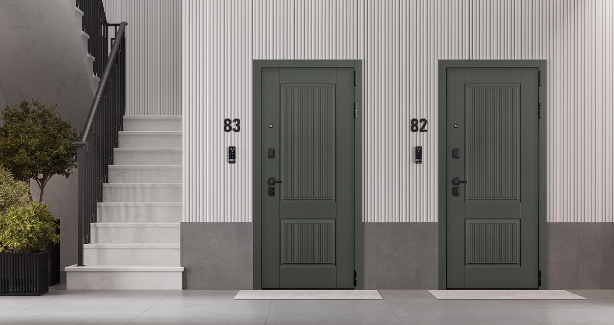 Входная дверь АСД "Scandi" с зеркалом (биометрический замок Smart lock R06) Муар черный/Белый матовый