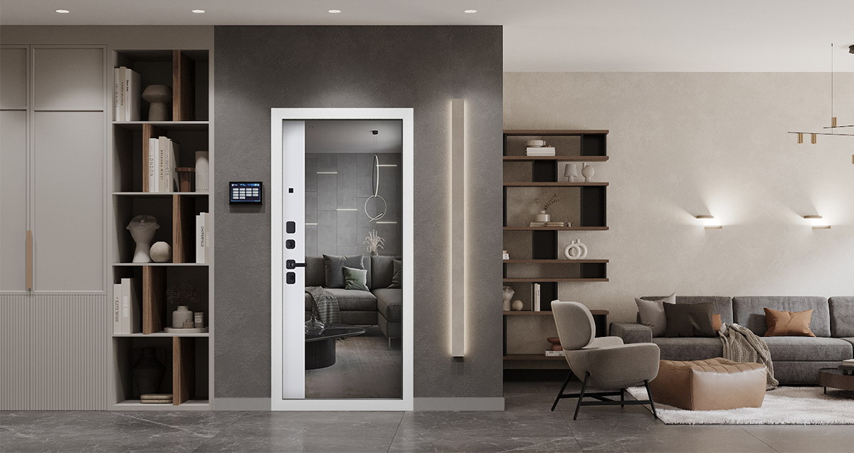 Входная дверь АСД "Scandi" с зеркалом (биометрический замок Smart lock Y12) Муар черный/Белый матовый
