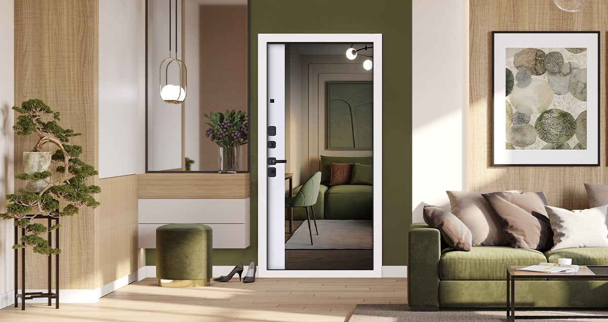 Входная дверь АСД "Solana" с зеркалом (биометрический замок Smart lock Y12) Муар черный/Белый матовый