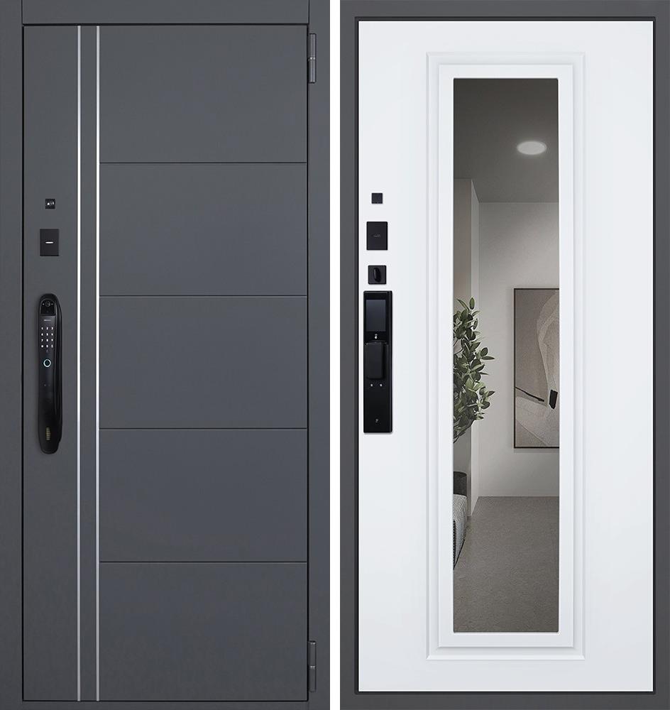 Входная дверь АСД "Vegas" с зеркалом (биометрический замок Smart lock DZ 888) Муар серый/Белый матовый