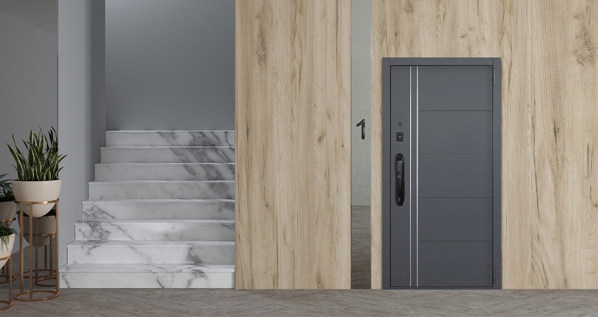 Входная дверь АСД "Vegas" с зеркалом (биометрический замок Smart lock DZ 888) Муар серый/Белый матовый