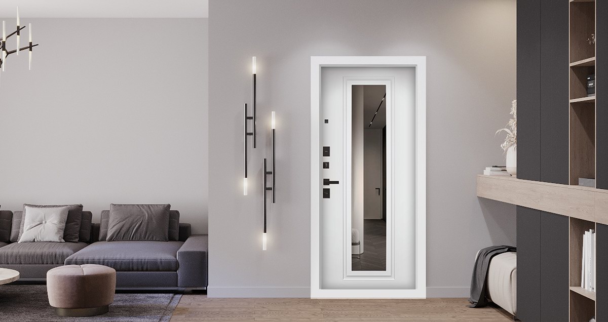 Входная дверь АСД "Vegas" с зеркалом (биометрический замок Smart lock К06) Муар серый/Белый матовый